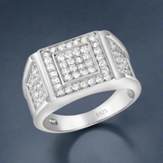 A 925 sterling silver men's ring with multiple sparkling cubic zirconia stones set in a rectangular design.